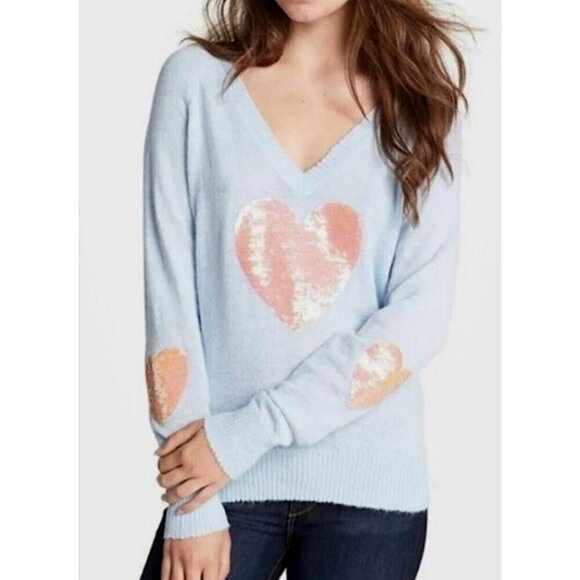 WILDFOX White Label Blue Angora blend Sequin Hearts V-Neck Sweater Top - Picture 1 of 10